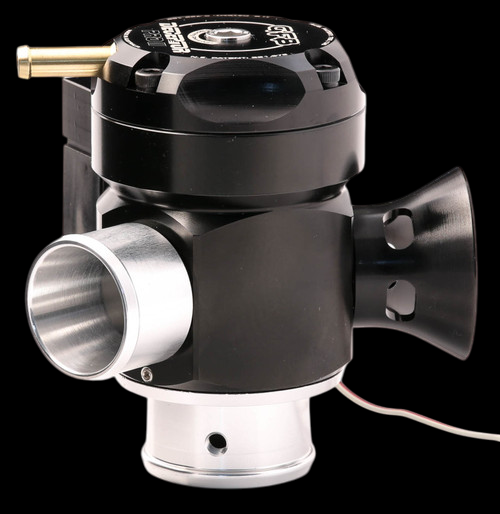 GFB Deceptor Pro blow off valve, side view showing 30mm outlet, brass nipple, and trumpet vent.