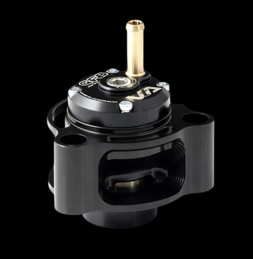 GFB VTA blow off valve for Ford Focus RS, black billet body, brass outlet, angled front view
