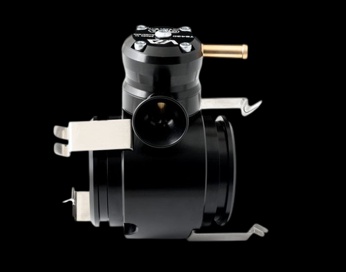 GFB VTA BOV for Audi 1.2L/1.4L TFSI/TSI, side view showing inlet, outlet flange and brass fitting