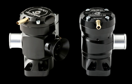 GFB Deceptor Pro II blow off valve kit, two black anodized valves shown side by side, front and rear angles