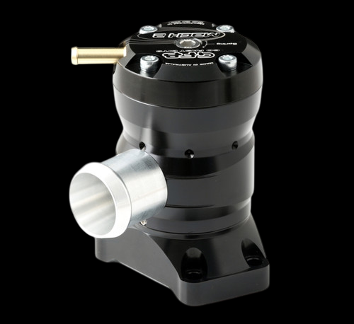 GFB Mach 2 TMS diverter valve, angled view showing brass barb fitting and silver inlet flange on black body