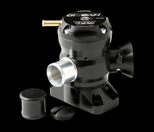 GFB Hybrid TMS dual outlet blow off valve, angled view showing brass barb inlet, aluminum outlet and side vent horn