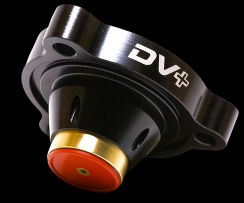 GFB DV+ diverter valve for VAG 2.0T, angled view showing black housing, DV+ logo, and red piston end