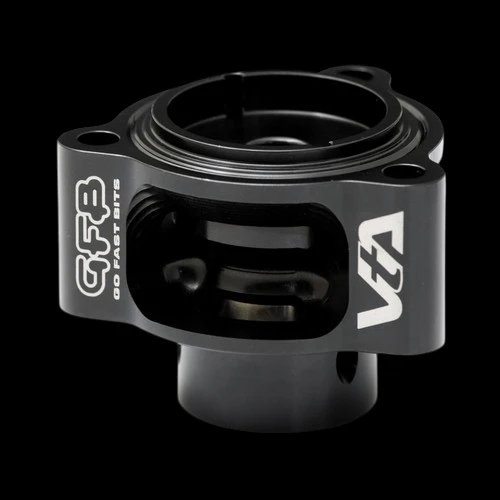 GFB VTA valve for Mercedes turbo, black billet housing, angled view showing inlet flange and outlet port
