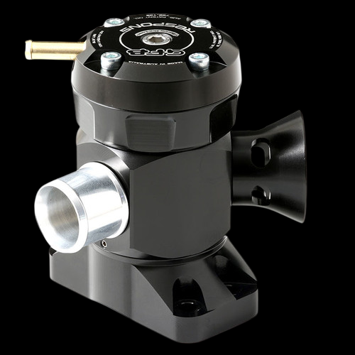 GFB Respons TMS blow off valve, angled view showing inlet flange, brass nipple and vent
