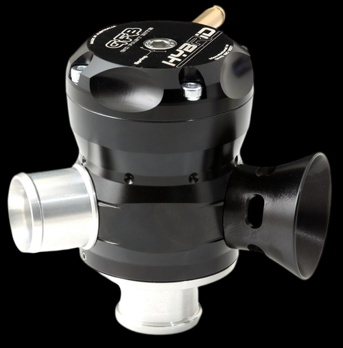GFB Hybrid TMS dual port blow off valve, angled view showing inlet, outlet and trumpet vent