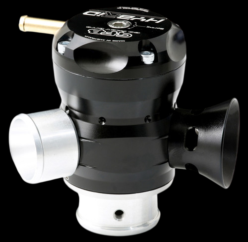 GFB Hybrid TMS dual port blow off valve, angled view showing silver inlet, black trumpet outlet and brass nipple