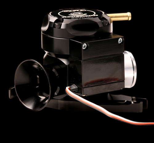 GFB Deceptor Pro II blow off valve, side view showing brass fitting, trumpet outlet, and wiring harness.