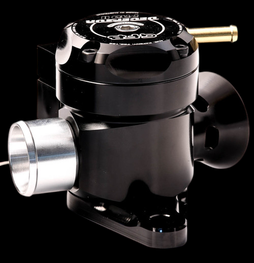 GFB Deceptor Pro II blow off valve, angled side view showing inlet flange, brass fitting and adjuster top