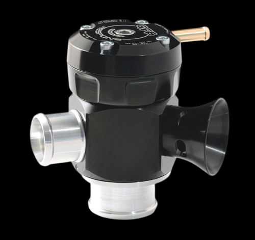 GFB Respons blow off valve kit shown at an angle with dual outlets, brass nipple, and top adjuster cap.