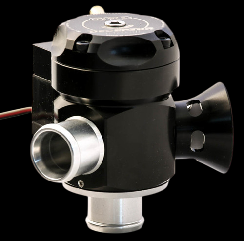 GFB Deceptor Pro II blow off valve, angled view showing 20mm inlet and outlet ports, black billet body with trumpet vent and adjustment top.
