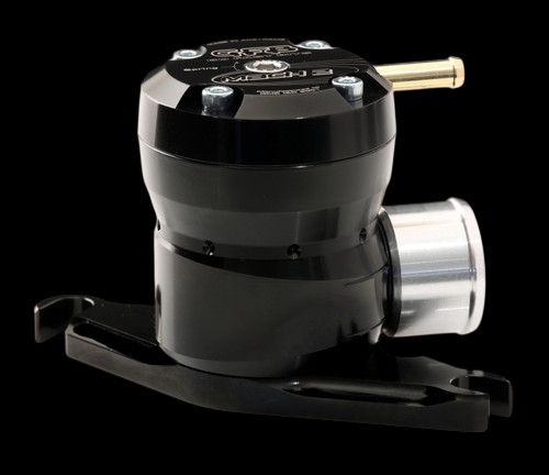 GFB Mach 2 TMS diverter valve, black body with brass inlet fitting, aluminum outlet and mounting bracket