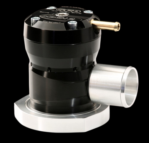GFB Mach 2 TMS diverter valve, black body with brass nipple and aluminum flange, angled side view
