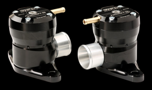GFB Mach 2 TMS diverter valves for Nissan GT-R R35, front and rear angle views showing brass fittings and inlet ports