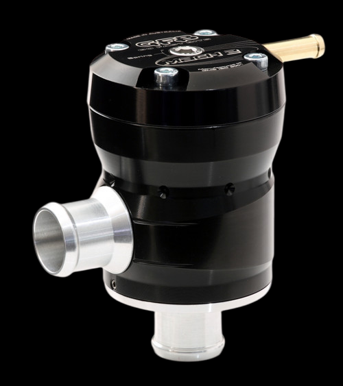 GFB Mach 2 TMS diverter valve, angled view showing black body, side inlet and bottom outlet fittings.