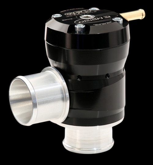GFB Mach 2 TMS diverter valve, black body with silver 33mm inlet and outlet ports, brass fitting on top
