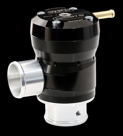 GFB Mach 2 TMS diverter valve, side angle showing 35mm inlet, 30mm outlet, brass fitting on top