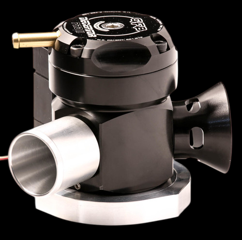 GFB Deceptor Pro II blow off valve, angled view showing brass fitting, trumpet outlet, and mounting flange