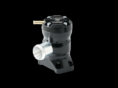GFB Mach 2 TMS diverter valve, black anodized body, side angle showing brass fitting and silver inlet flange.