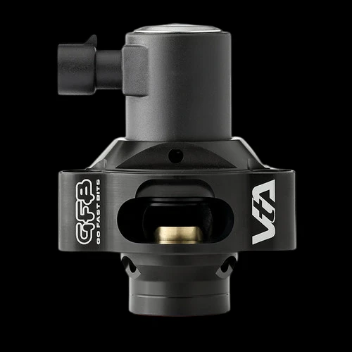 GFB VTA blow off valve, front angle view showing side inlet port, top cap and internal piston through vent window.