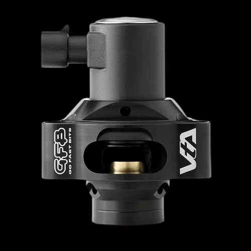 GFB VTA blow off valve, front view showing electrical connector, GFB and VTA logos, and brass piston