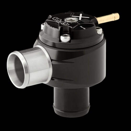 GFB Polaris RZR Turbo SXV recirculating bypass valve, black anodized body with silver inlet and brass fitting on top