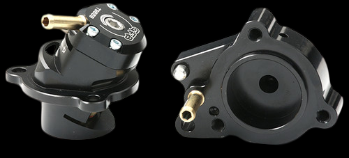 GFB DVX D+ diverter valve, front and rear views showing brass fitting, black housing, and mounting bolts.