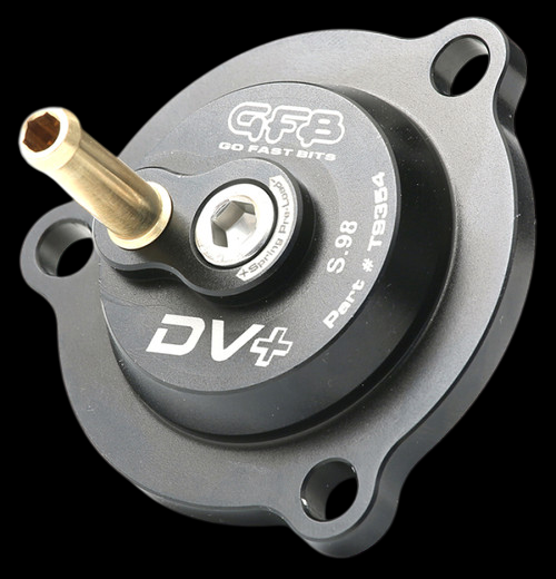 GFB DV+ diverter valve, black billet body with brass fitting and Spring Pro-Lok adjuster, top angled view