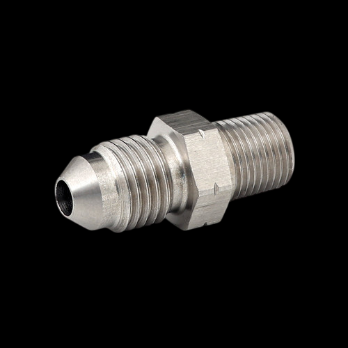 GFB stainless steel fitting, 1/8in BSPT male to -4AN male flare, angled view on black background