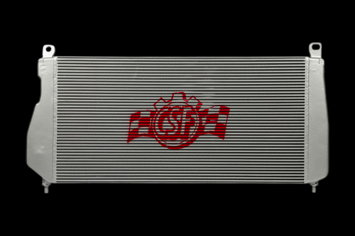CSF charge air cooler for 01-05 Silverado 6.6L Duramax, front view showing aluminum end tanks and core