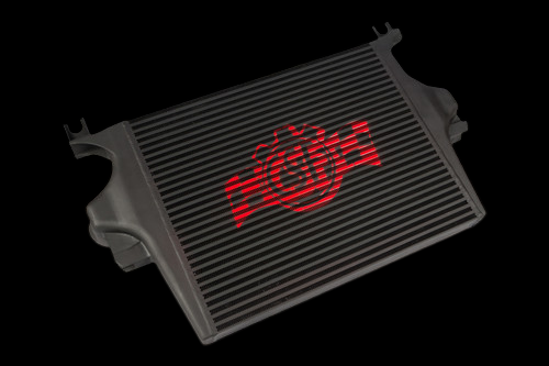 CSF charge air cooler for 08-10 Ford Super Duty 6.4L, angled view showing finned core and mounting brackets.