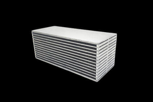 CSF bar and plate intercooler core, front angled view showing stacked cooling fins and end tanks