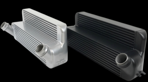 CSF stepped core intercooler for BMW M2, silver and black finish, end tank inlets shown side by side