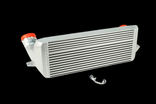 CSF stepped core bar and plate intercooler, silver finish, angled view showing red end caps and mounting clip