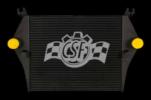 CSF OEM intercooler for 05-09 Dodge Ram 2500 5.9L, front view with yellow end caps and mounting tabs