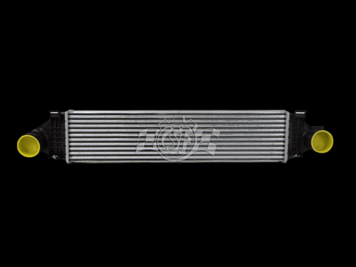 CSF intercooler for 2013-2016 Ford Escape 2.0L, front view showing yellow inlet and outlet caps