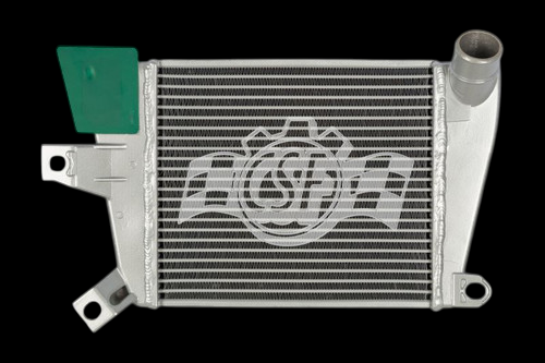 CSF intercooler for 07-13 Mazda 3 2.3L, front angle showing tanks, inlet pipe and mounting brackets