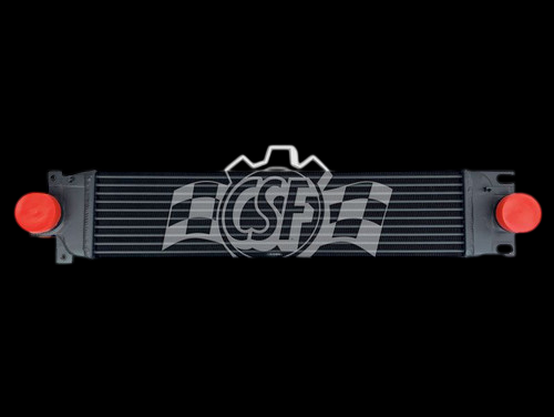 CSF intercooler for 13-16 Ford Fusion 2.0L, front view showing red inlet and outlet caps, mounting tabs