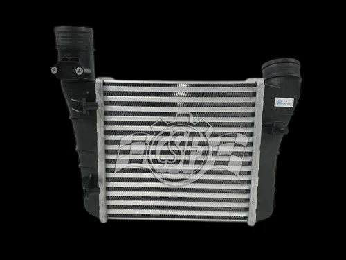 CSF OEM intercooler for 05-09 Audi A4 2.0L, front view showing aluminum core with black end tank inlet and outlet pipes.