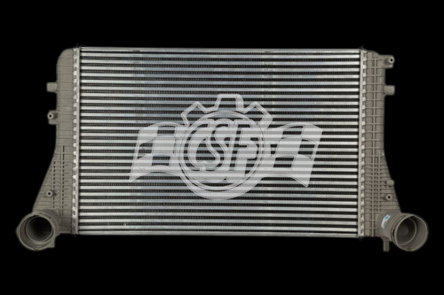 CSF OEM intercooler for 2009-2012 VW CC 2.0L, front angle showing tanks, fins and inlet, outlet pipes