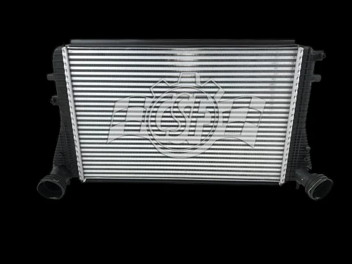 CSF OEM intercooler for 06-11 Audi A3 2.0L, front angle view showing cooling fins and dual end tank inlet outlet pipes