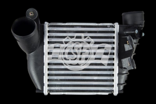 CSF OEM intercooler for 99-06 VW Golf 1.8L, front view showing tube fins core, inlet and outlet pipes, mounting brackets