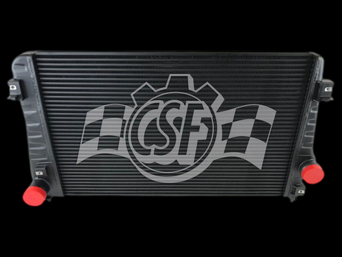 CSF OEM intercooler for 17-19 Silverado 2500HD 6.6L, front view with red inlet/outlet caps, CSF logo.