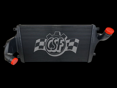 CSF intercooler for 2013-2017 Ford Taurus 2.0L Turbo, front angle view showing black core with red inlet and outlet end caps.