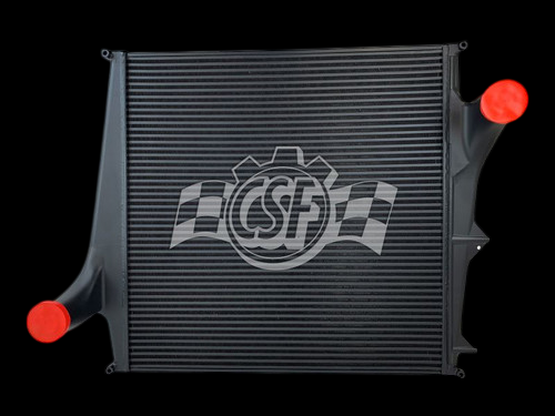 CSF 98-99 Volvo VN OEM intercooler, front view showing core fins and two red inlet/outlet end caps