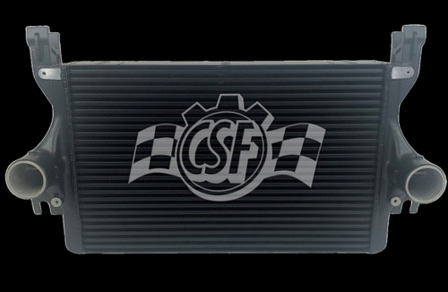 CSF intercooler for 2019+ Ram 6.7L diesel, front view showing black tanks, fins, dual inlet pipes