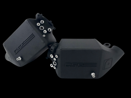 CSF twin charge air cooler set for BMW M5 F10, M6 F06/F12/F13, crinkle black finish, fittings shown