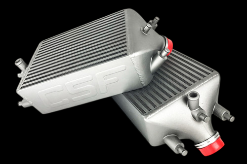 CSF twin intercooler set for Porsche 911 Turbo 991, angled view showing fins and inlet fittings