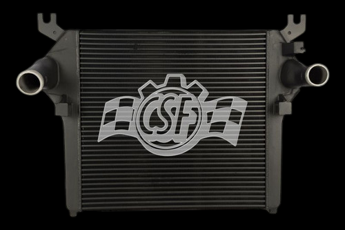 CSF intercooler for 2010-2012 Ram 2500 6.7L, front view showing dual inlet and outlet tubes, black fins, CSF logo centered.