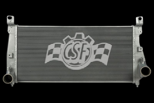 CSF OEM intercooler for 2001 Chevrolet Silverado 2500HD 6.6L, front view, showing tank fittings and mounting brackets